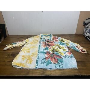 John Mark Womens Top Extra Large Linen Button Up Blouse Cinch Sleeves Art Boho